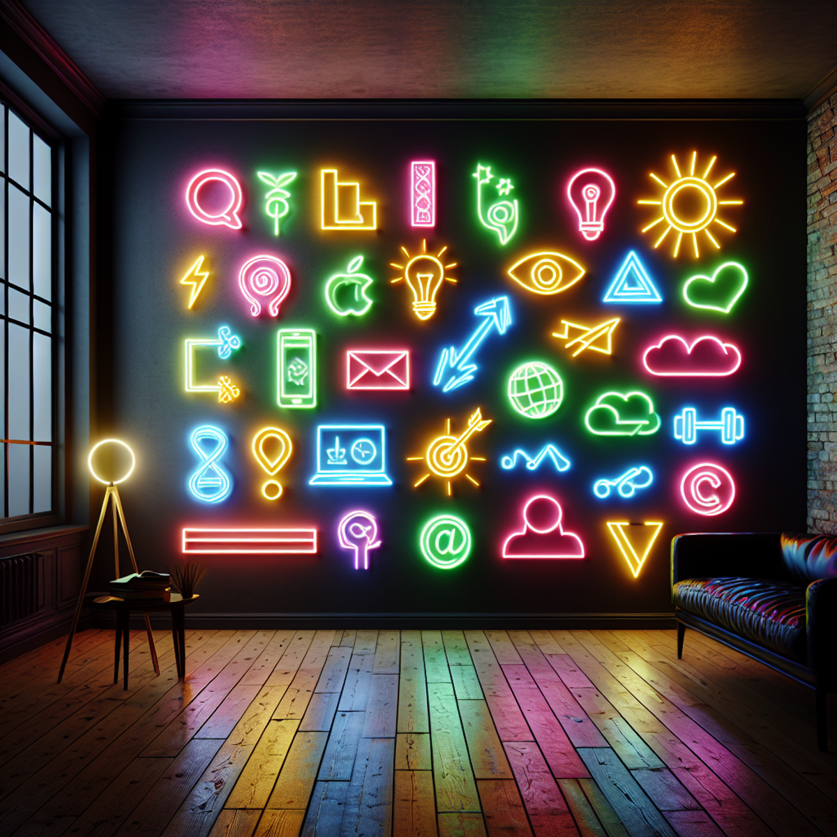 Neon-lit room with various objects glowing in different colors.